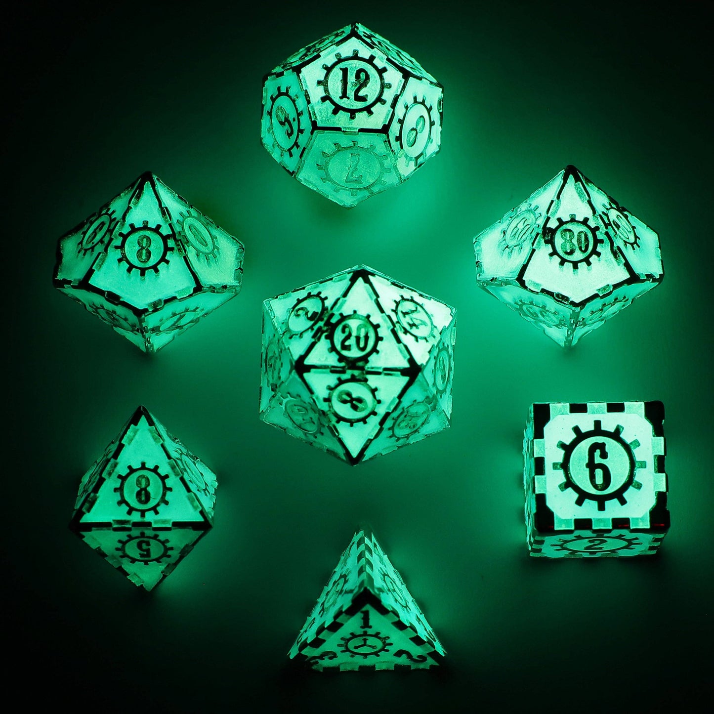 Solid Metal Gear Dice Polyhedral Dice Set - Glow in the Dark Blue