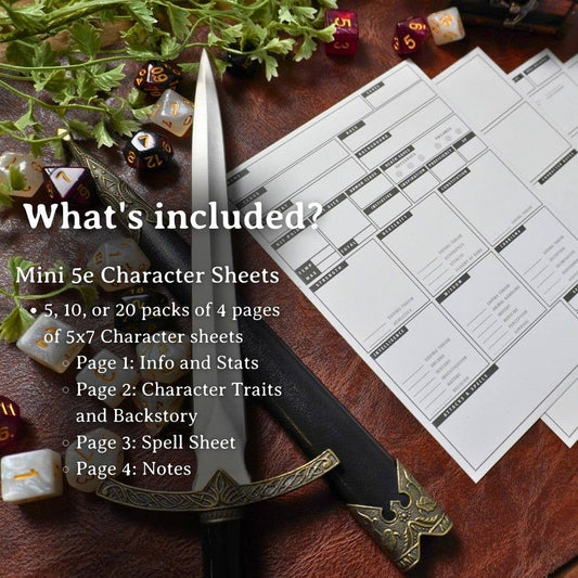 Mini 5e DnD Character Sheets: No Dice / 10 Pack (50 Character Sheet Sets)