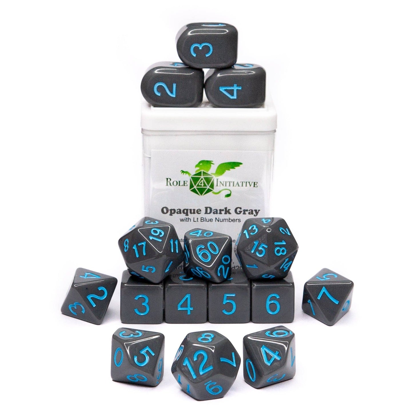 Opaque Dark Gray w/ Lt Blue Ink - Set of 15 Dice: Set of 15 w/ Arch'd4