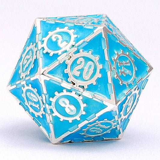 Solid Metal Gear Dice Polyhedral Dice Set - Glow in the Dark Blue
