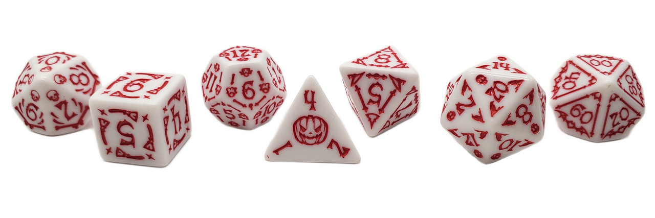 7 Piece DnD RPG Dice Set: Rune Dice - All Hallows Eve - White w/ Red