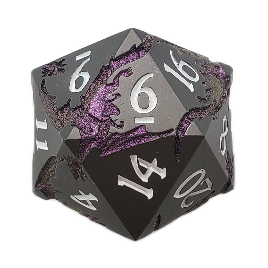 DnD RPG Metal D20: Soaring Dragon - Matte Black w/ Purple