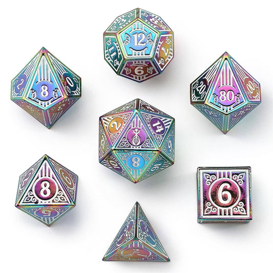 Solid Metal Bard RPG Dice Set - Rainbow w/White