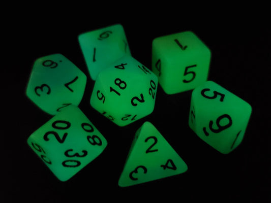 7 Piece DnD RPG Dice Set: Glow Dice - Green & Blue