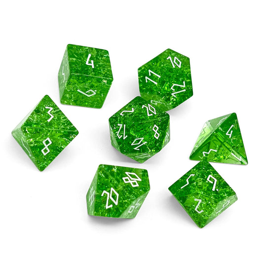 Shattered Zircon Emerald - White Font 7 Piece RPG Set Zircon Glass Dice with case