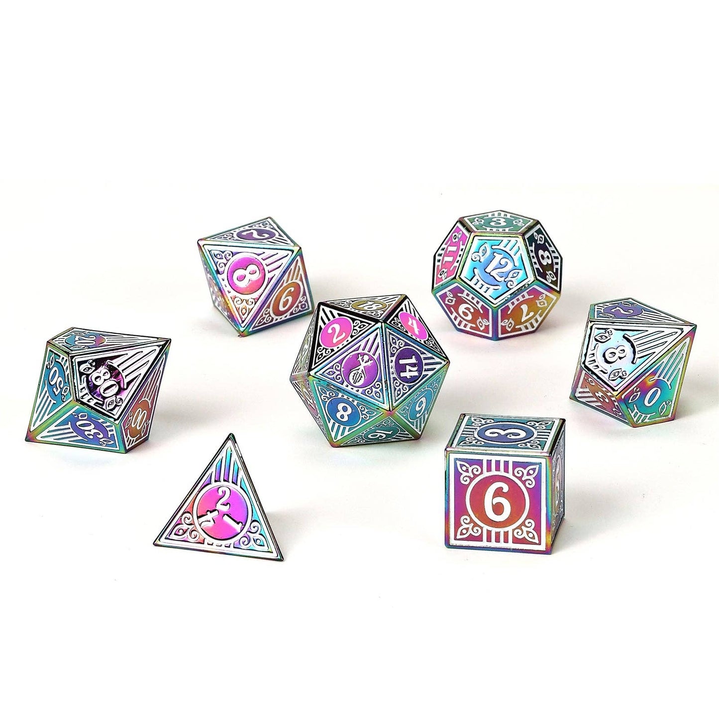 Solid Metal Bard RPG Dice Set - Rainbow w/White