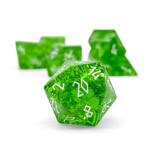 Shattered Zircon Emerald - White Font 7 Piece RPG Set Zircon Glass Dice with case