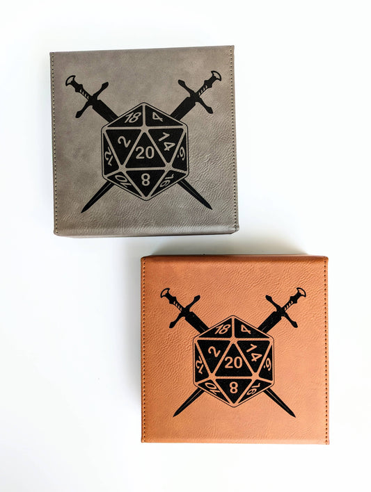 D20 Swords  - D&D - Vegan Leather Dice Box: Grey