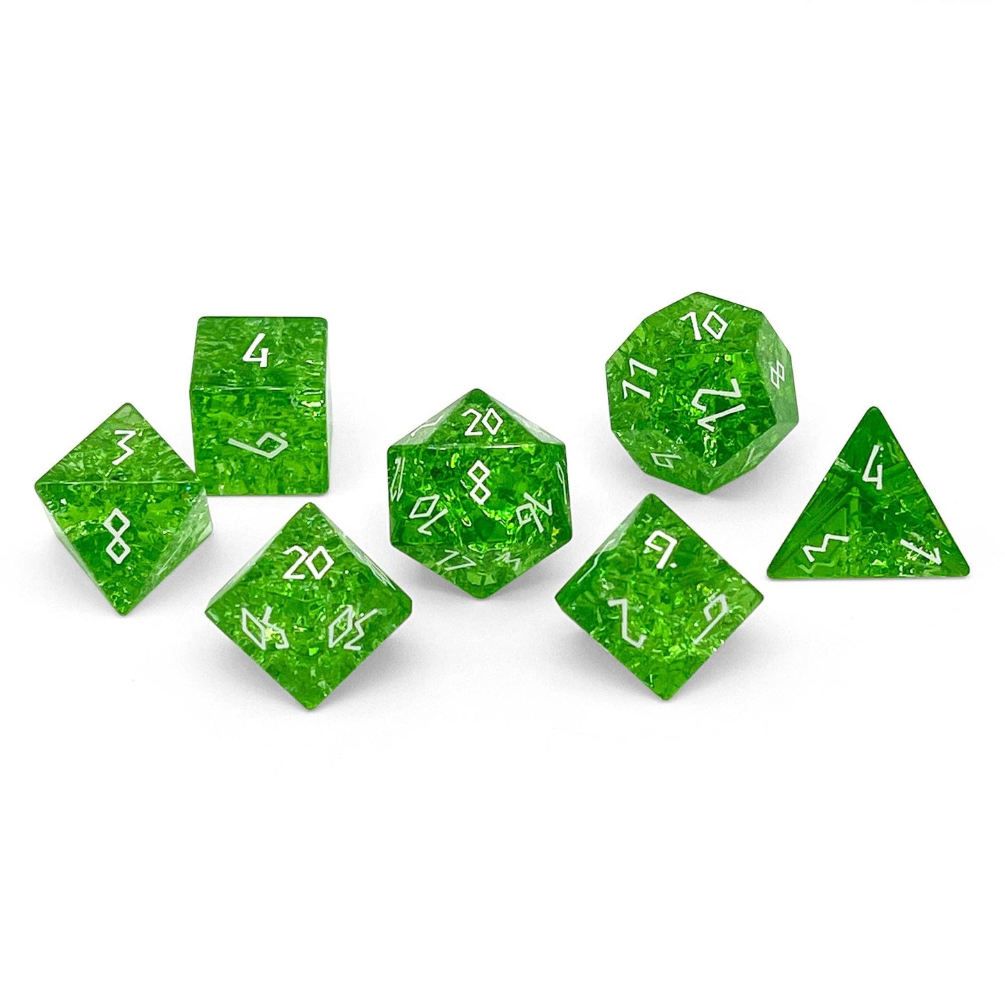 Shattered Zircon Emerald - White Font 7 Piece RPG Set Zircon Glass Dice with case