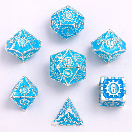 Solid Metal Gear Dice Polyhedral Dice Set - Glow in the Dark Blue