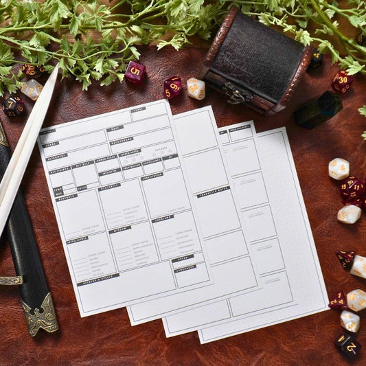Mini 5e DnD Character Sheets: No Dice / 10 Pack (50 Character Sheet Sets)