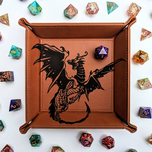 Spawn of Tiamat - D&D Vegan Leather Dice Rolling Tray: Chestnut