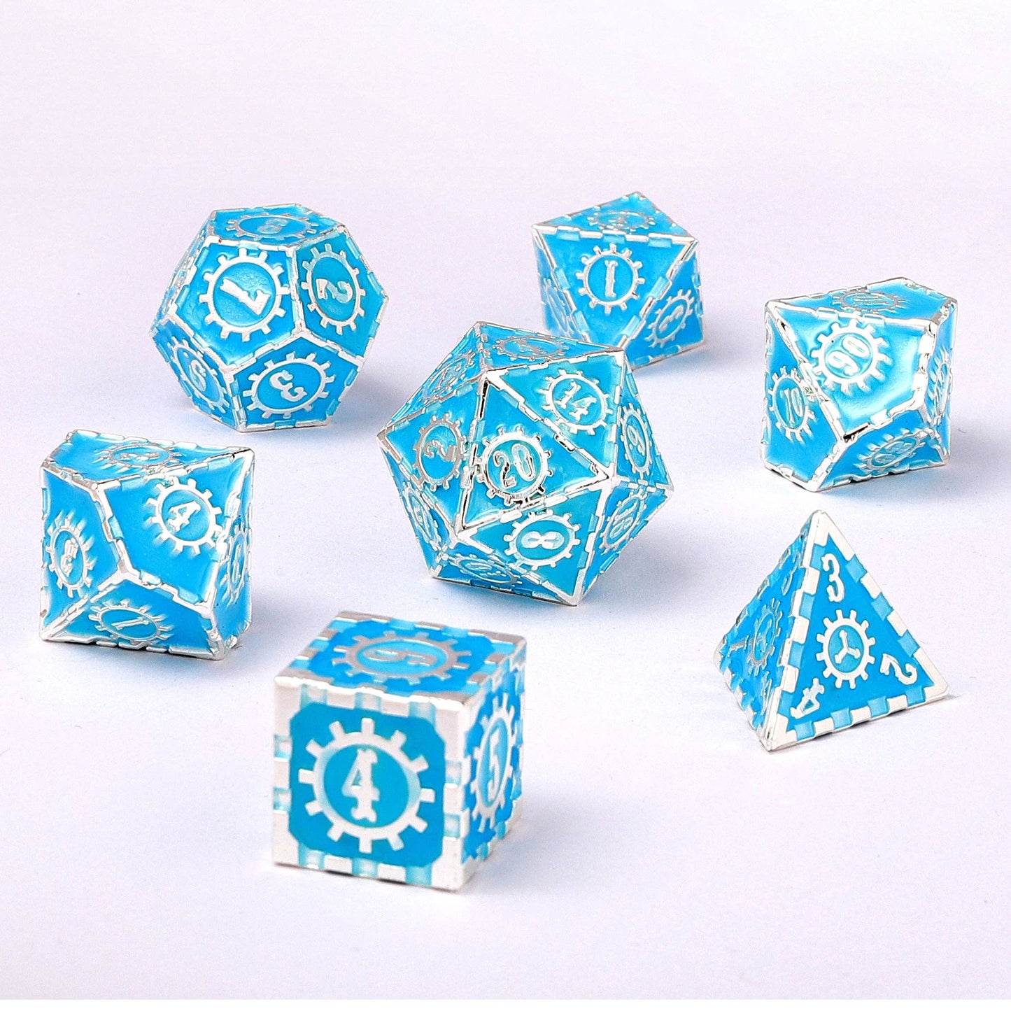 Solid Metal Gear Dice Polyhedral Dice Set - Glow in the Dark Blue