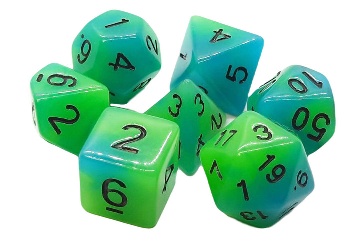 7 Piece DnD RPG Dice Set: Glow Dice - Green & Blue