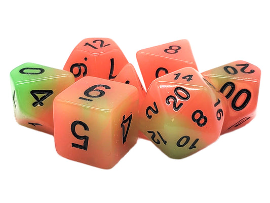 7 Piece DnD RPG Dice Set: Glow Dice - Green & Orange