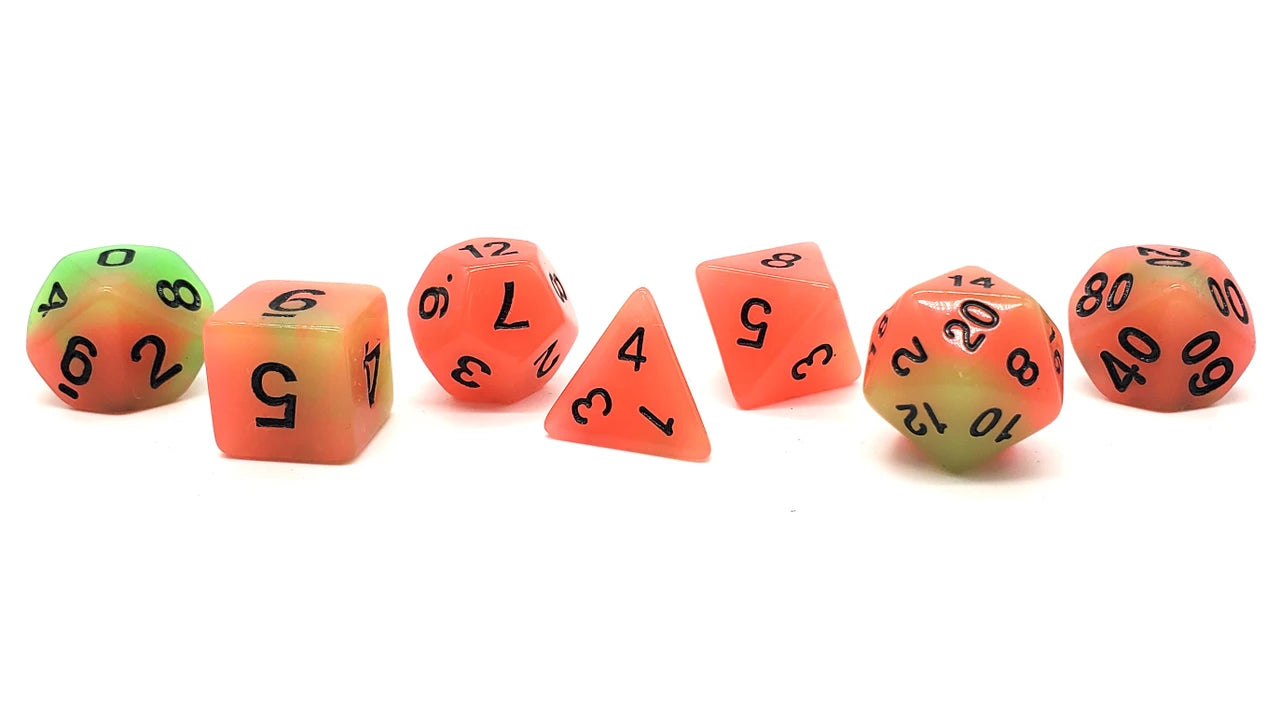 7 Piece DnD RPG Dice Set: Glow Dice - Green & Orange