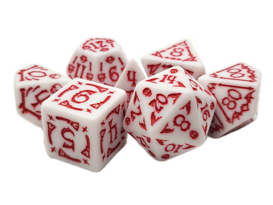 7 Piece DnD RPG Dice Set: Rune Dice - All Hallows Eve - White w/ Red