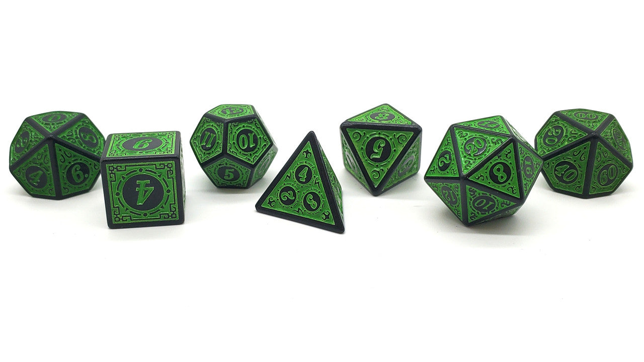 7 Piece DnD RPG Dice Set: Rune Dice - Magical Runes - Green