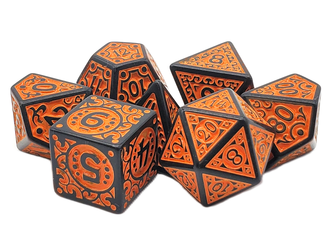 7 Piece DnD RPG Dice Set: Rune Dice - Magical Runes - Orange