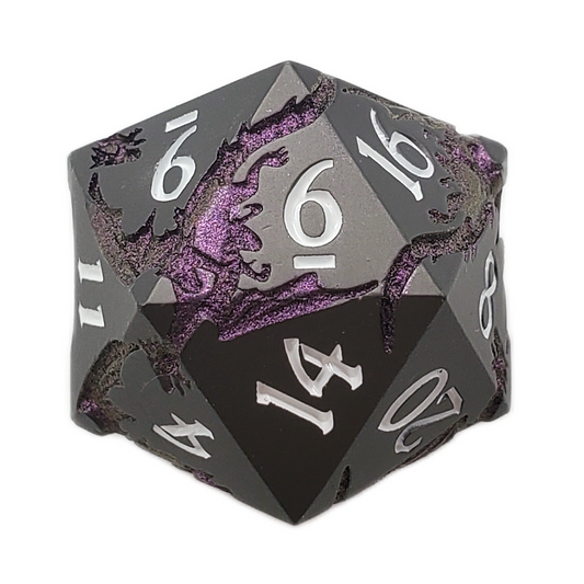 DnD RPG Metal D20: Soaring Dragon - Matte Black w/ Purple