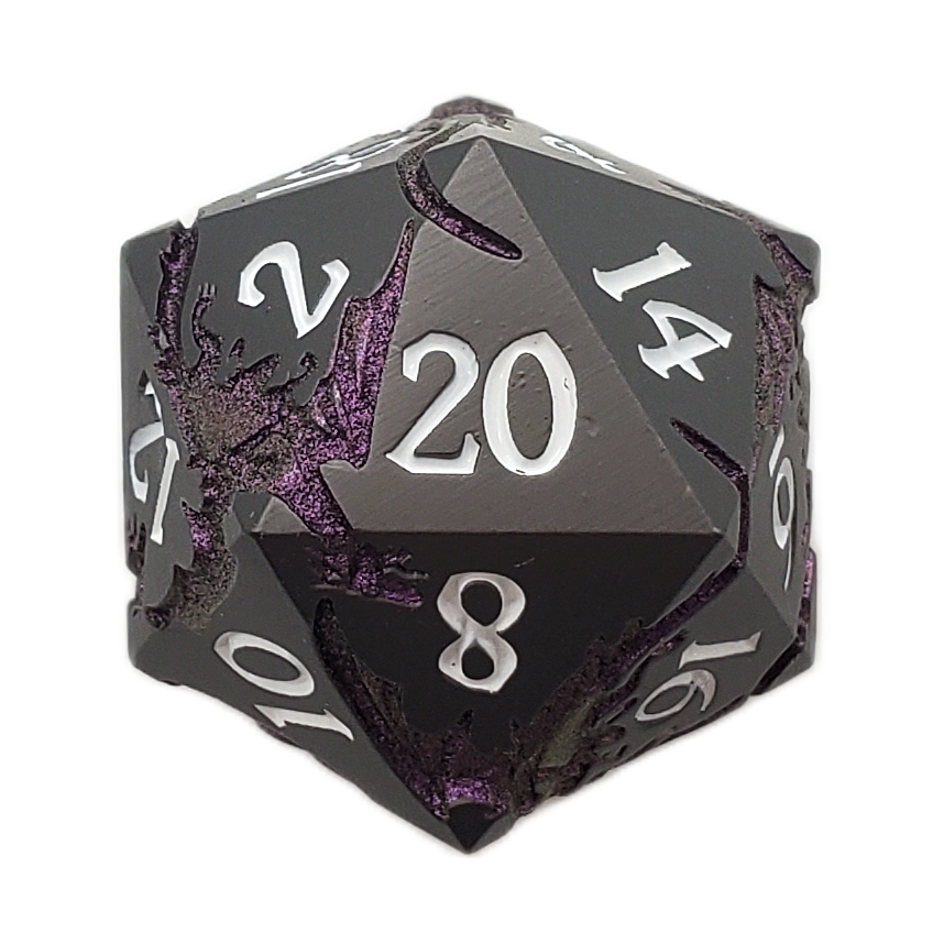 DnD RPG Metal D20: Soaring Dragon - Matte Black w/ Purple