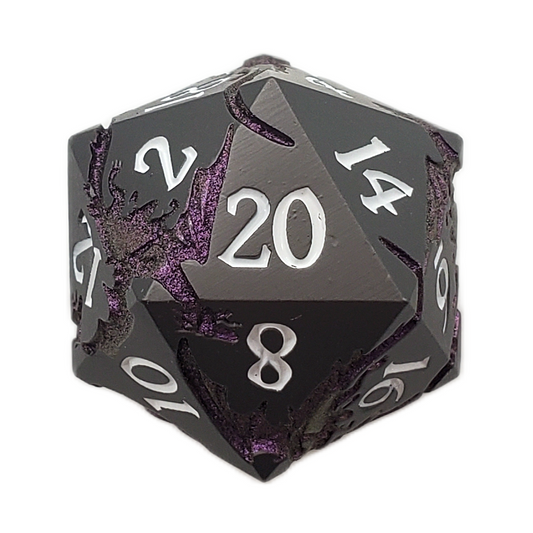 DnD RPG Metal D20: Soaring Dragon - Matte Black w/ Purple