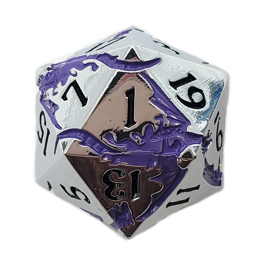 DnD RPG Metal D20: Soaring Dragon - Silver w/ Purple