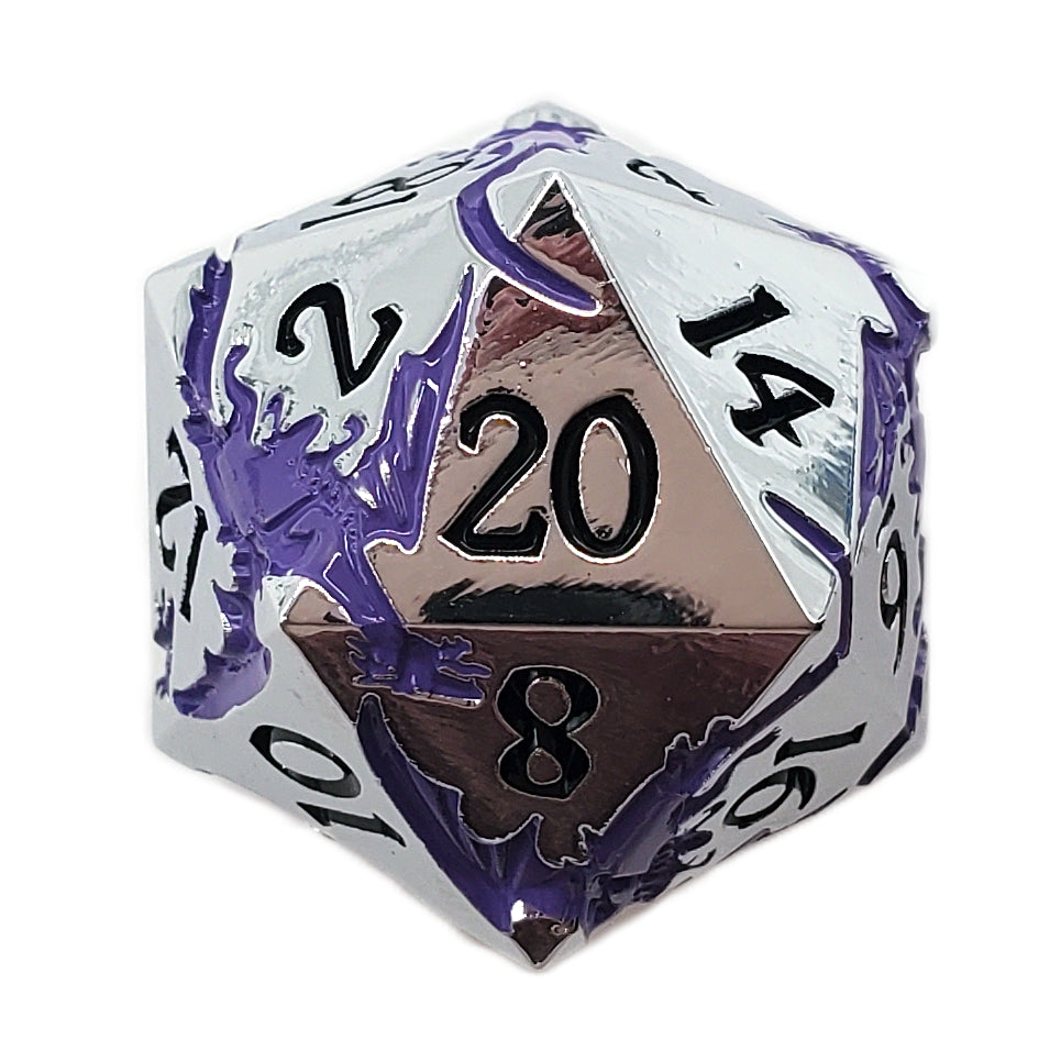 DnD RPG Metal D20: Soaring Dragon - Silver w/ Purple
